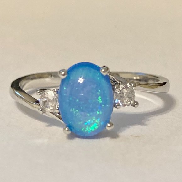 Opal Stone Ring Solitaire Silver Plated Simulated Blue Oval Cut Size 7 8 9 11 - Picture 2 of 11